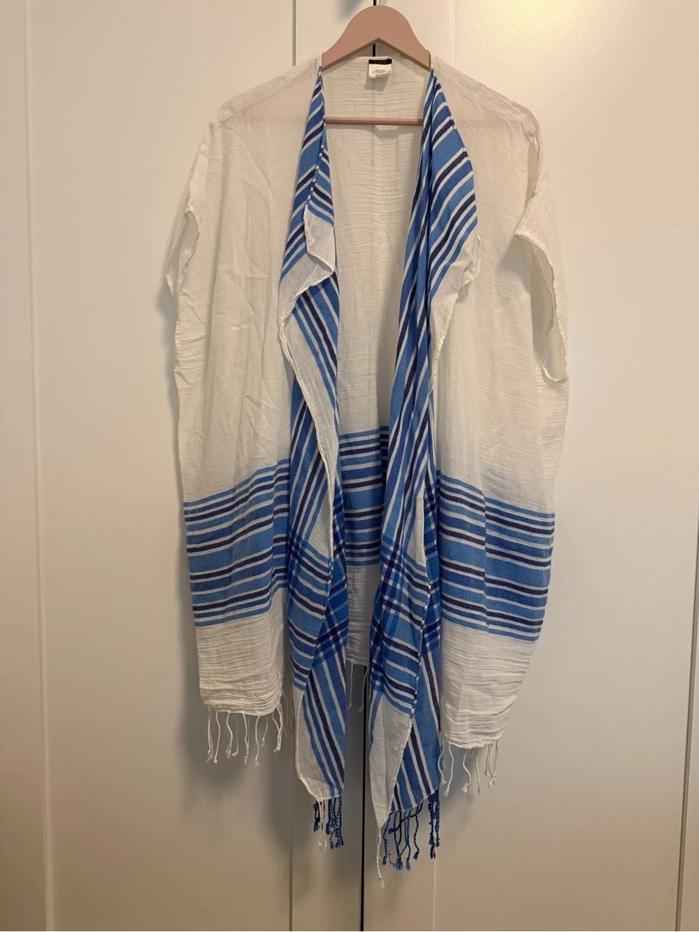 J. Crew White and Blue Striped Beach Kimono